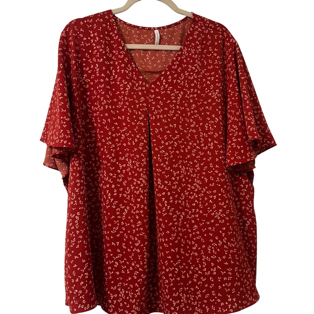 Anyally Red Floral‎ V-Neck Flutter Sleeve Pleated Blouse Top Womens 3XL